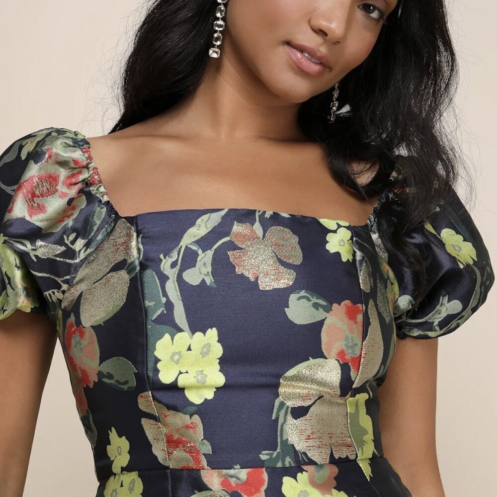 Lulu's Navy Floral Puff-Sleeve Dress with Yellow & Coral Accents